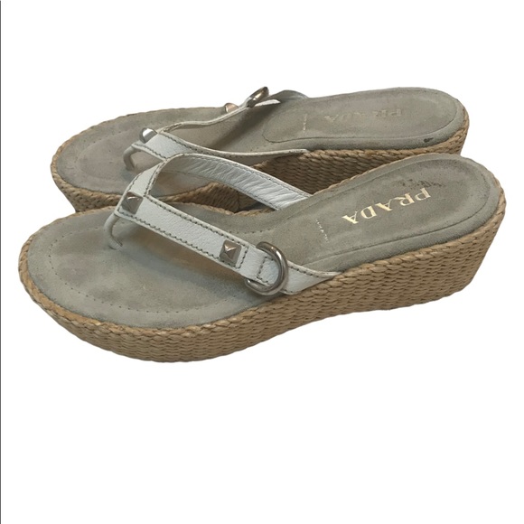 Prada Shoes - Prada White and Tan Wedge Sandals